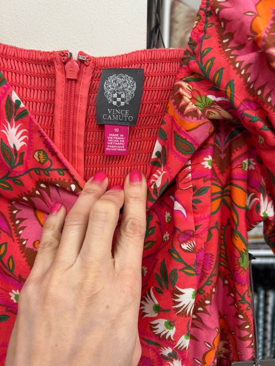 Vince Camuto Pink & Orange Floral Midi Dress with Puff Sleeves - Picture 2 of 6